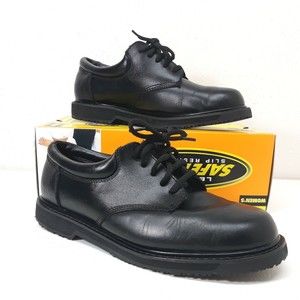 Womens Safetrax Black Leather Slip Resistant Lace Shoes Work Sneakers 9.5
